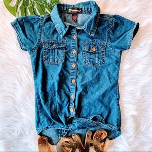 Denim Blue Button Shirt Knot Tie Bottom 7/8